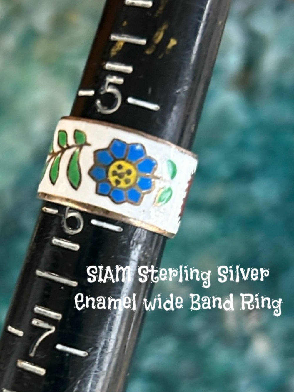 Vintage SIAM Wide Band Sterling Silver Enamel Floral Ring